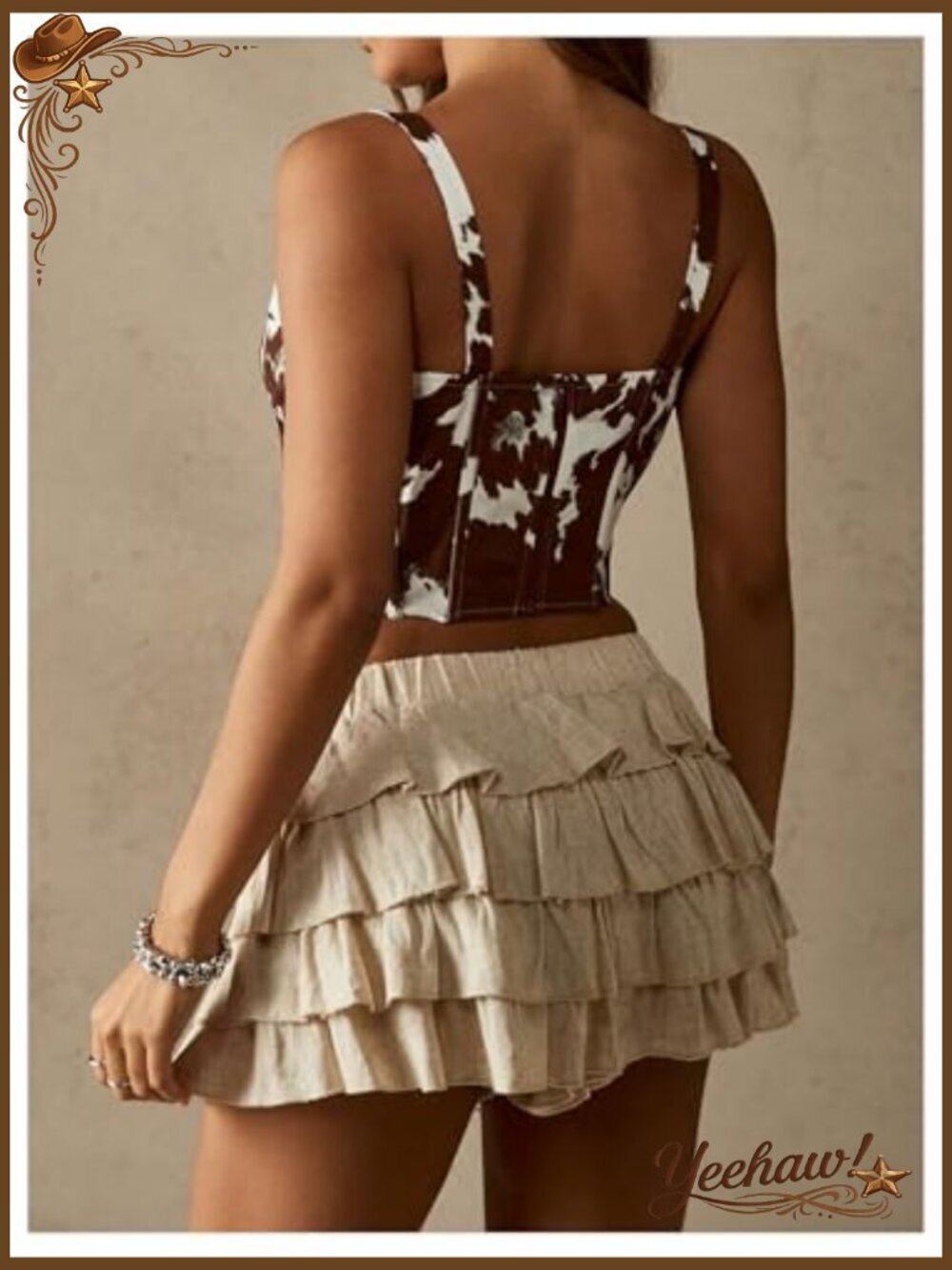 Western Cow Print Tank Top Sweetheart Neck Sleeveless Corset Style - Picture 3 of 4